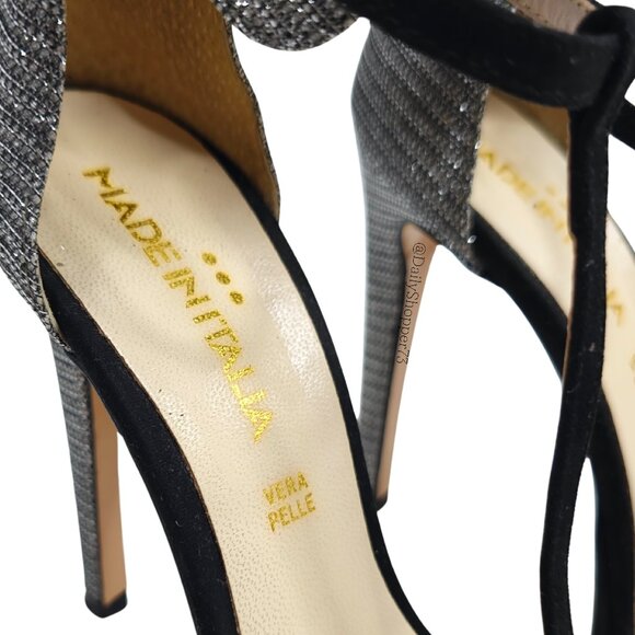 Vera Pelle Italy, women's black suede & metallic Silver pump stiletto heels - Picture 6 of 7